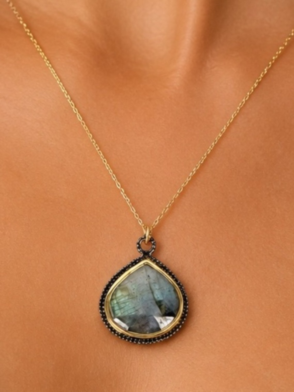 NEW - Boho Chic 18K Gold Vermeil & Oxidized Silver Genuine Labradorite Necklace